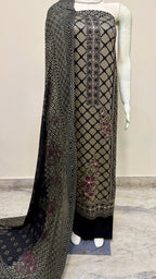 Black & Beige Geometric Printed Cotton Suit Set with Floral Embroidery