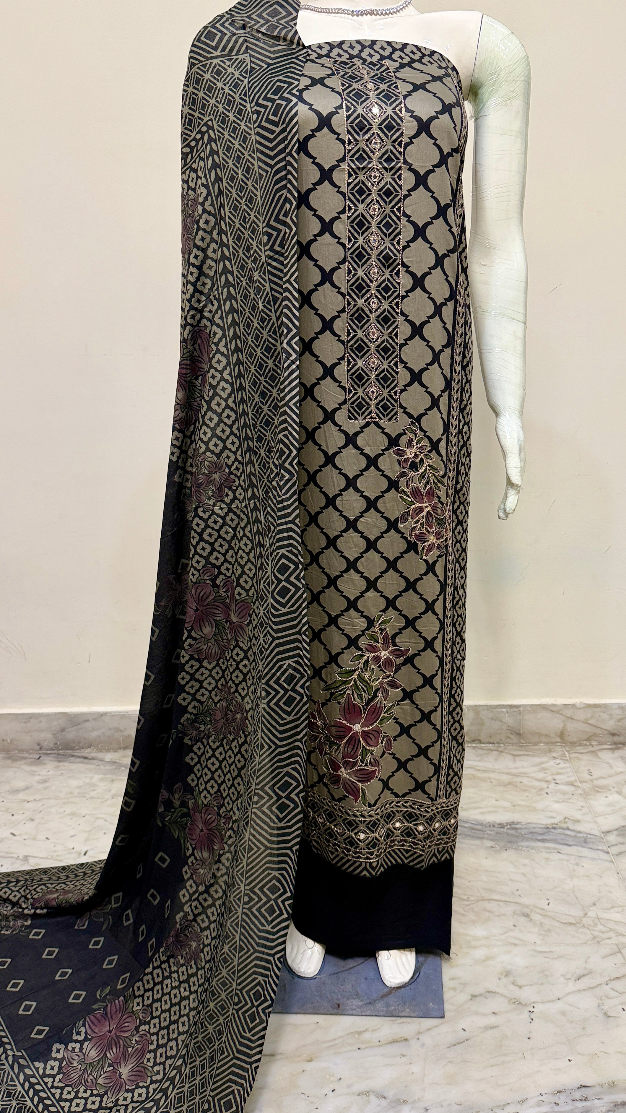 Black & Beige Geometric Printed Cotton Suit Set with Floral Embroidery