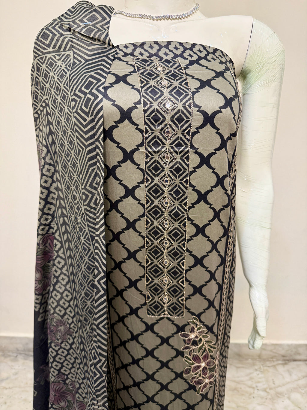 Black & Beige Geometric Printed Cotton Suit Set with Floral Embroidery
