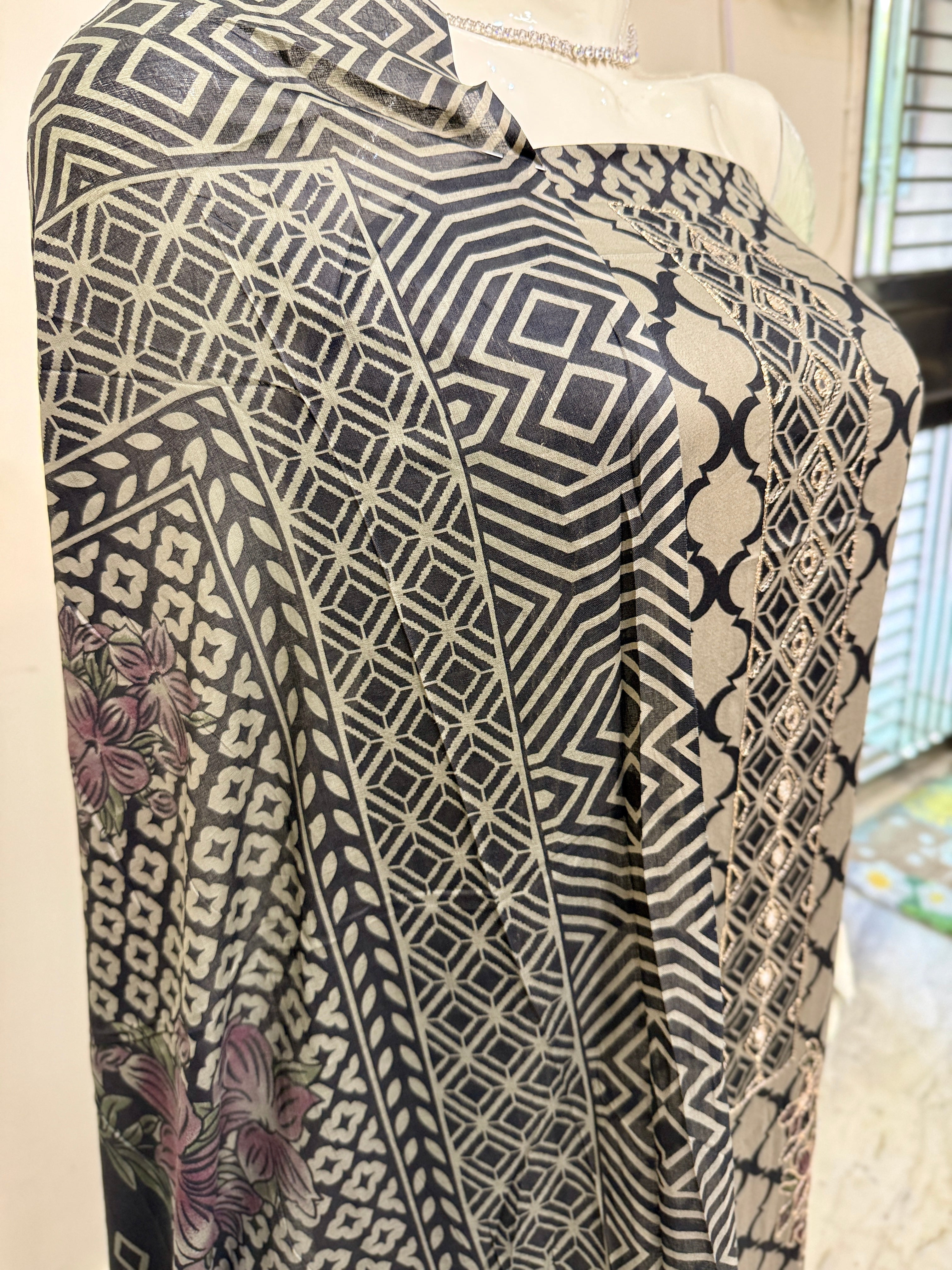 Black & Beige Geometric Printed Cotton Suit Set with Floral Embroidery