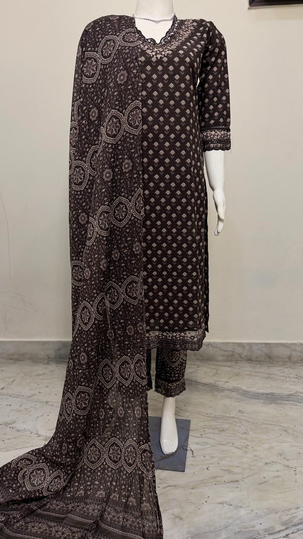 Elegant Soft Cotton Stitched Suit Set – Coffee Color Print