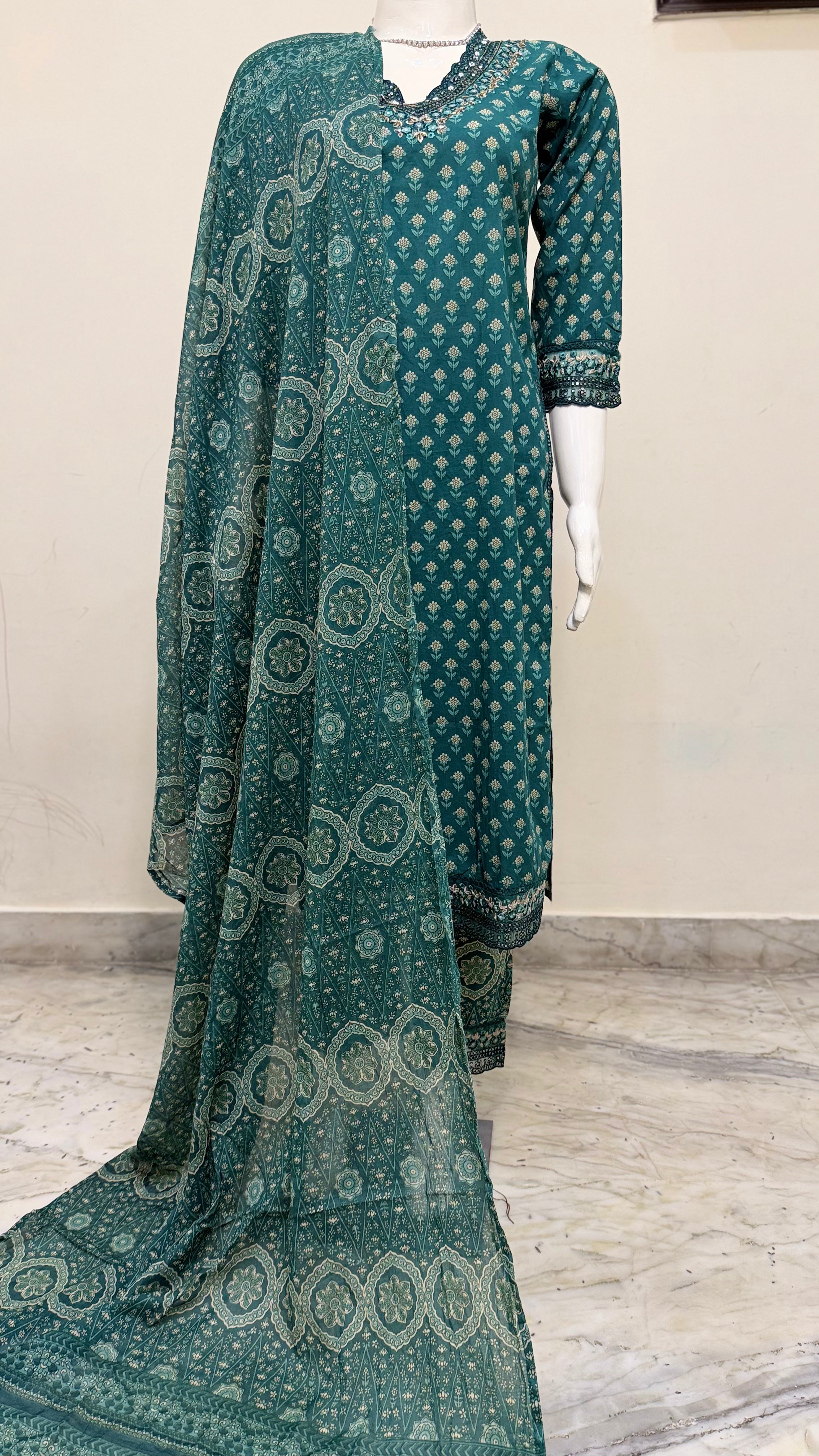Elegant Soft Cotton Stitched Suit Set – Green Color Print