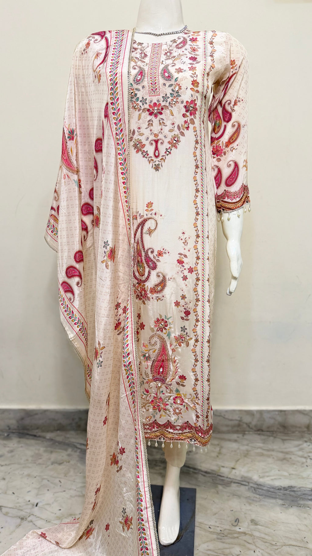 Graceful Cream Crêpe Stitched Suit Set – Floral Paisley Print