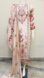 Graceful Cream Crêpe Stitched Suit Set – Floral Paisley Print