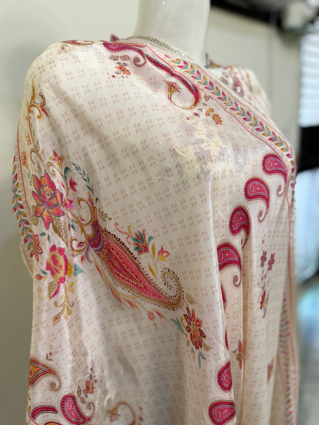 Graceful Cream Crêpe Stitched Suit Set – Floral Paisley Print