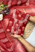 Rust Color Handblock Printed Cotton Suit Set with Dupatta