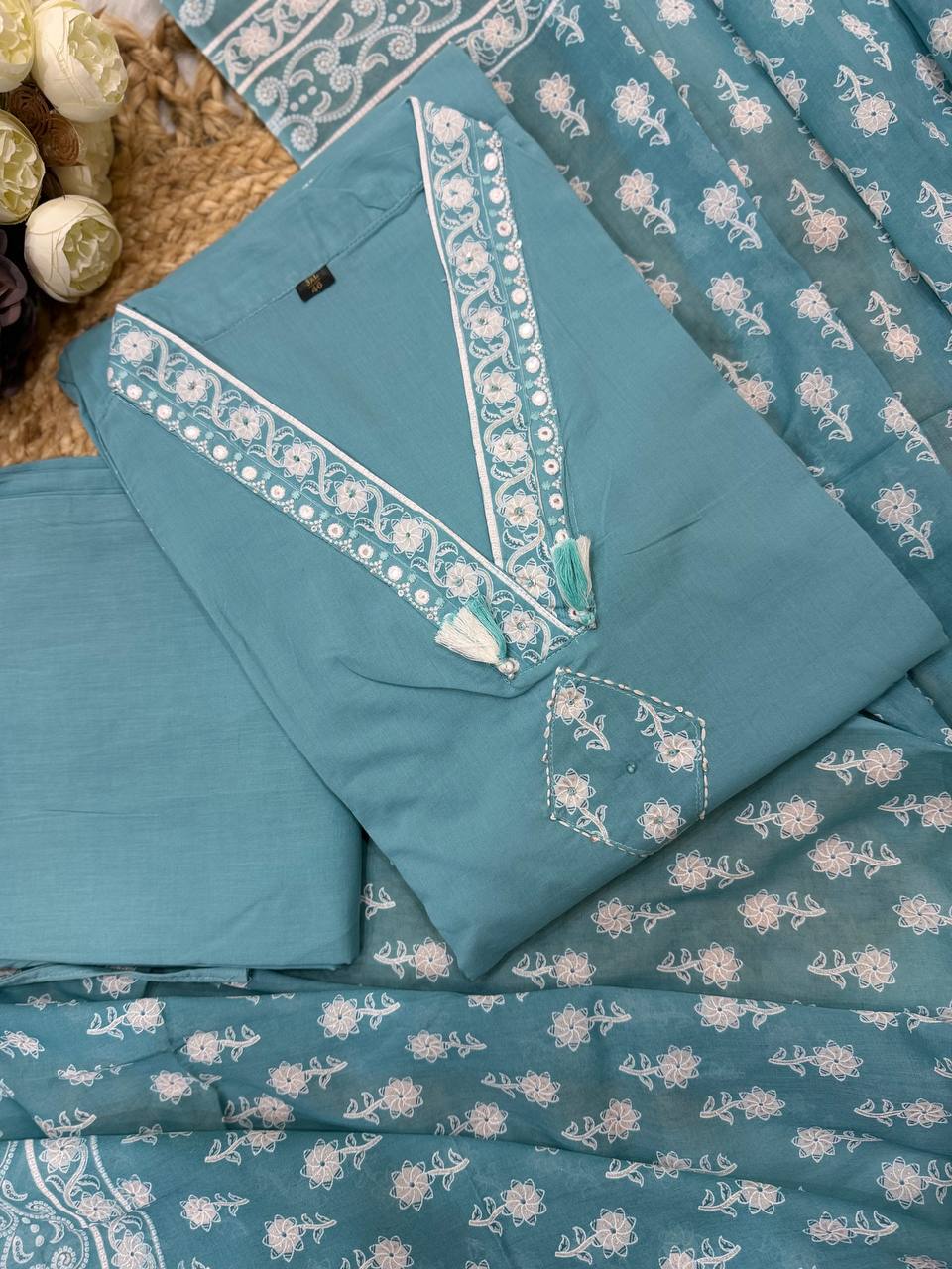 Sky Blue Handblock Printed Cotton Suit Set with Dupatta