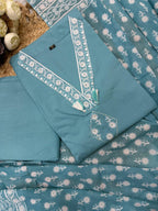 Sky Blue Handblock Printed Cotton Suit Set with Dupatta