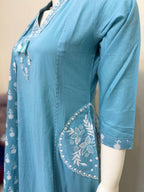 Sky Blue Handblock Printed Cotton Suit Set with Dupatta
