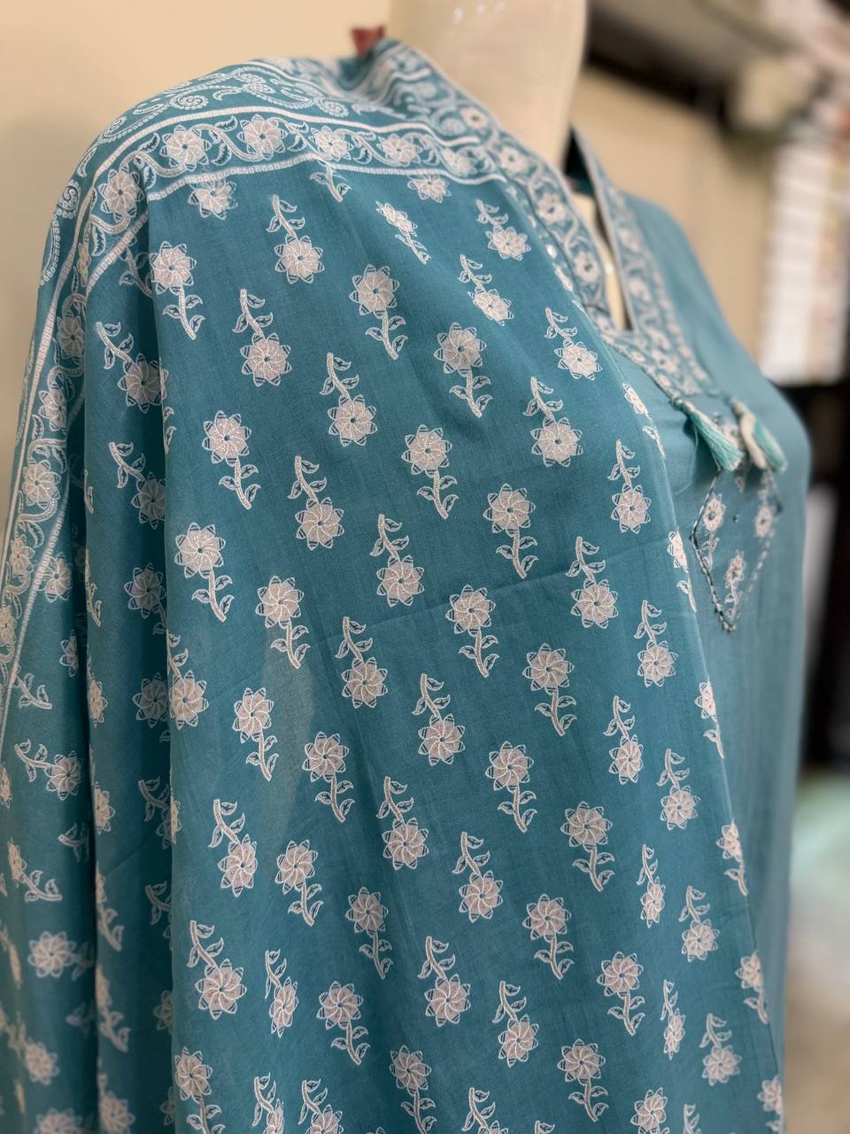 Sky Blue Handblock Printed Cotton Suit Set with Dupatta