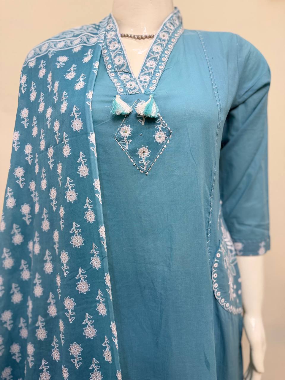 Sky Blue Handblock Printed Cotton Suit Set with Dupatta