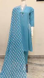 Sky Blue Handblock Printed Cotton Suit Set with Dupatta
