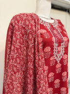 Rust Color Handblock Printed Cotton Suit Set with Dupatta