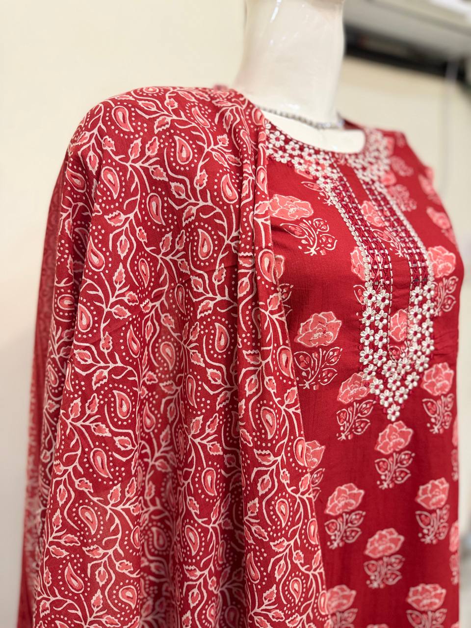 Rust Color Handblock Printed Cotton Suit Set with Dupatta