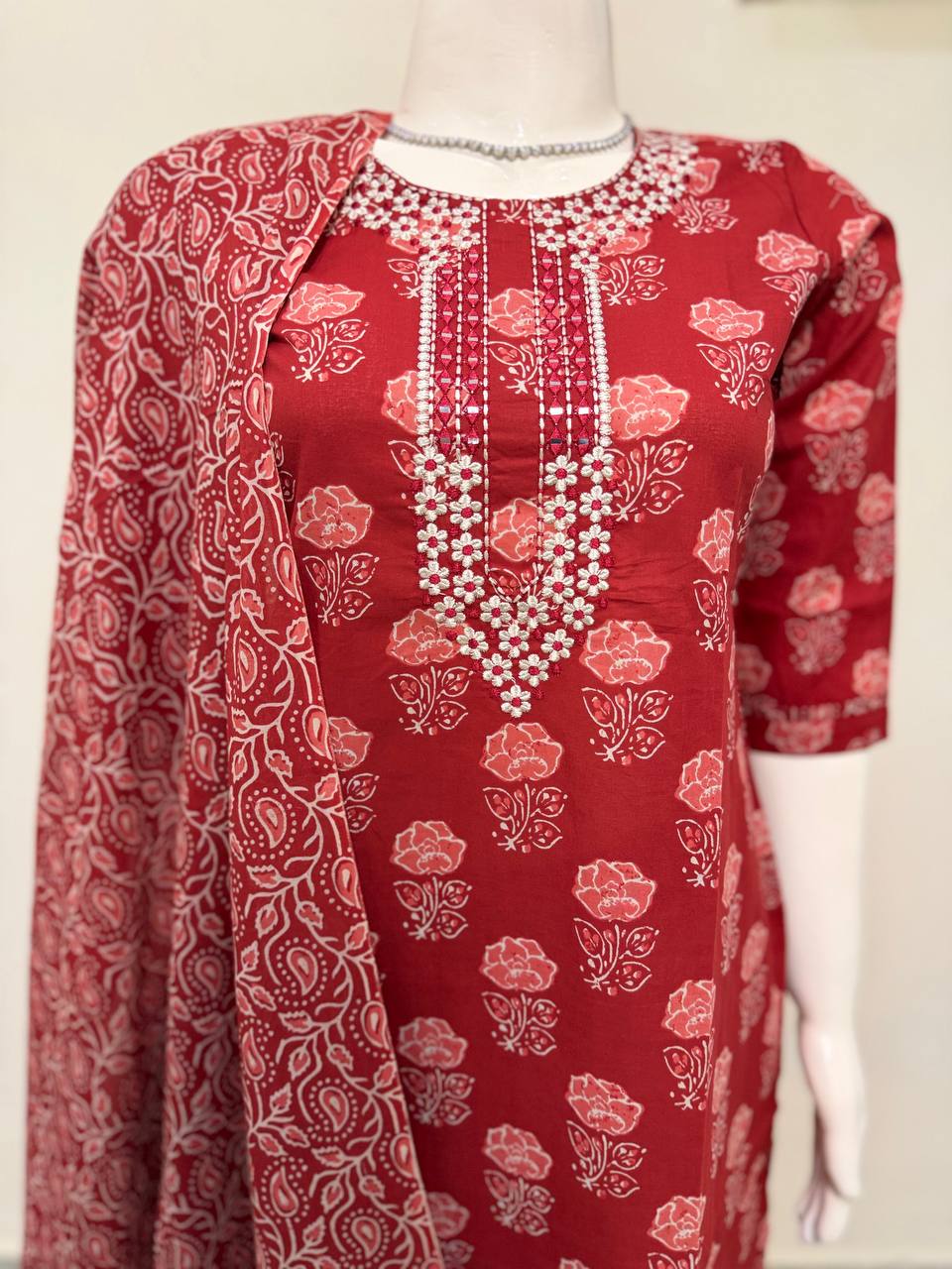 Rust Color Handblock Printed Cotton Suit Set with Dupatta