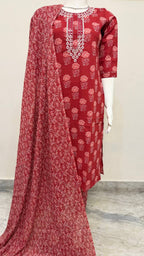 Rust Color Handblock Printed Cotton Suit Set with Dupatta