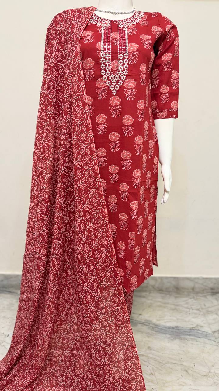 Rust Color Handblock Printed Cotton Suit Set with Dupatta