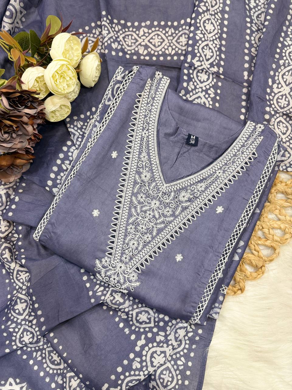 Premium Indigo Blue Cotton Suit Set with Ethnic Handblock Print Dupatta