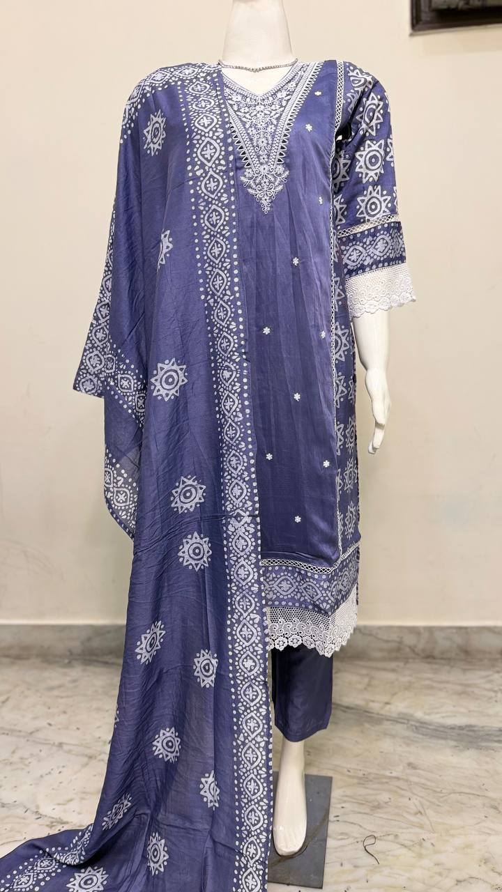 Premium Indigo Blue Cotton Suit Set with Ethnic Handblock Print Dupatta