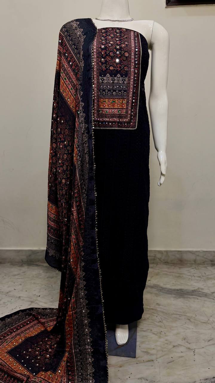 Black Chikankari Embroidery Cotton Suit Set with Digital Printed Dupatta