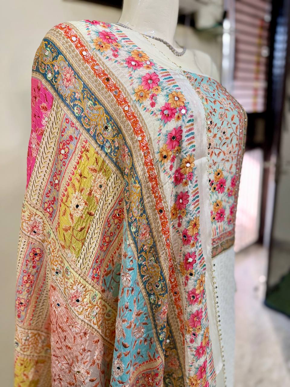 Off White Chikankari Embroidery Cotton Suit Set with Floral Printed Dupatta