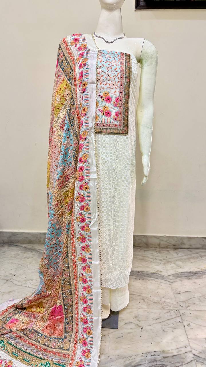 Off White Chikankari Embroidery Cotton Suit Set with Floral Printed Dupatta
