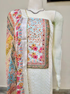 Off White Chikankari Embroidery Cotton Suit Set with Floral Printed Dupatta