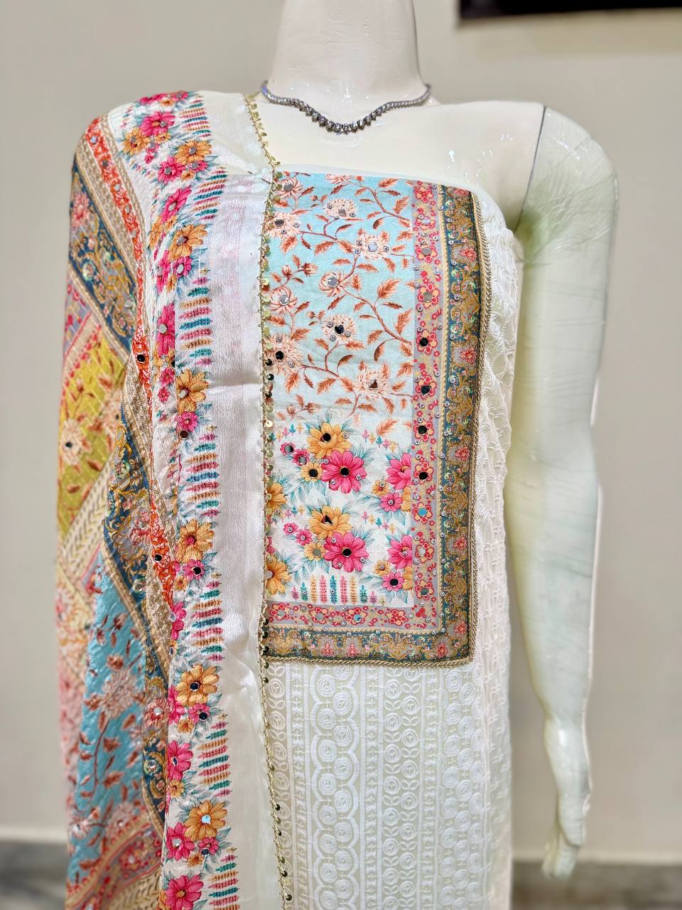 Off White Chikankari Embroidery Cotton Suit Set with Floral Printed Dupatta