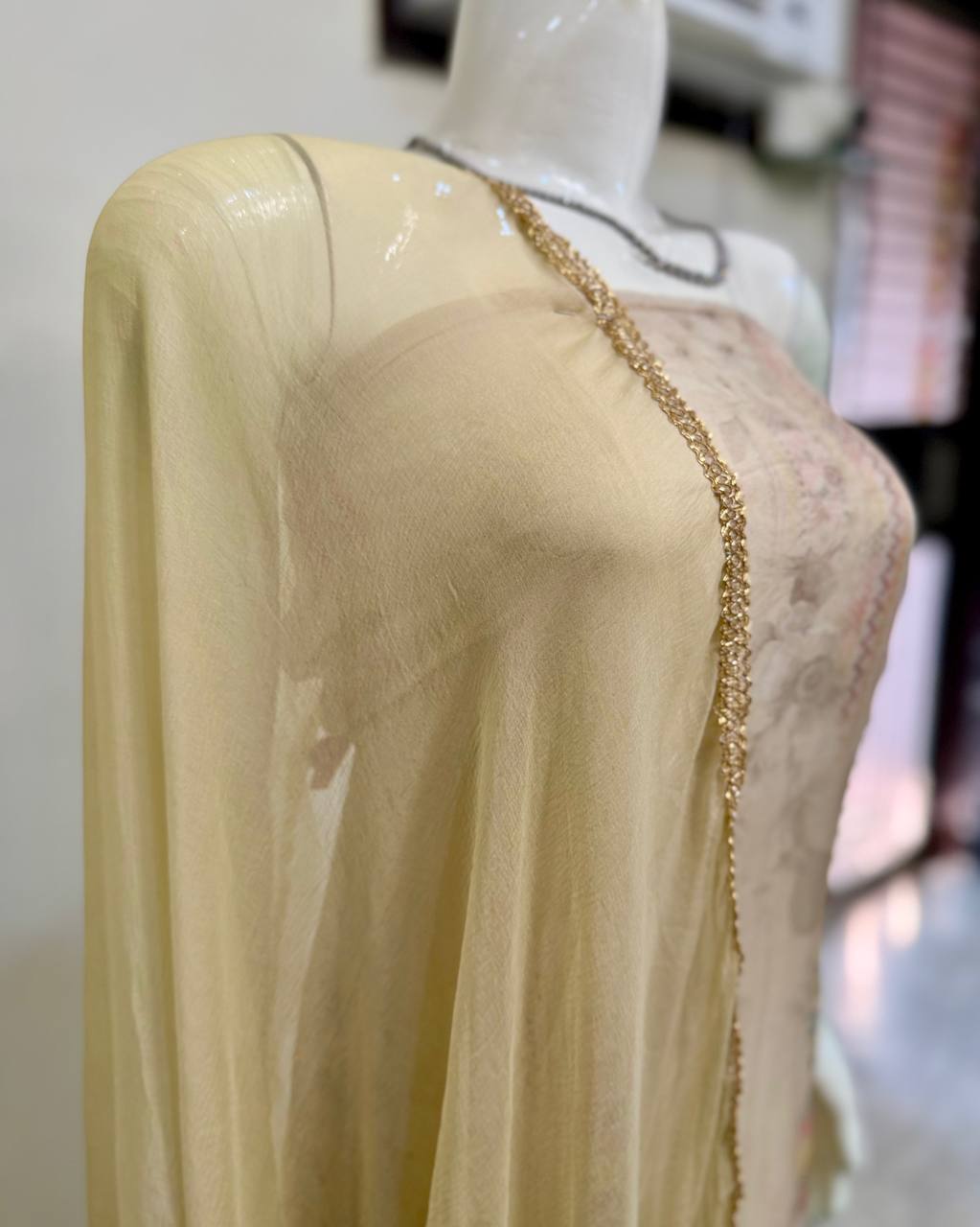 Beige Pure Georgette Embroidered Suit Set with Chiffon Dupatta
