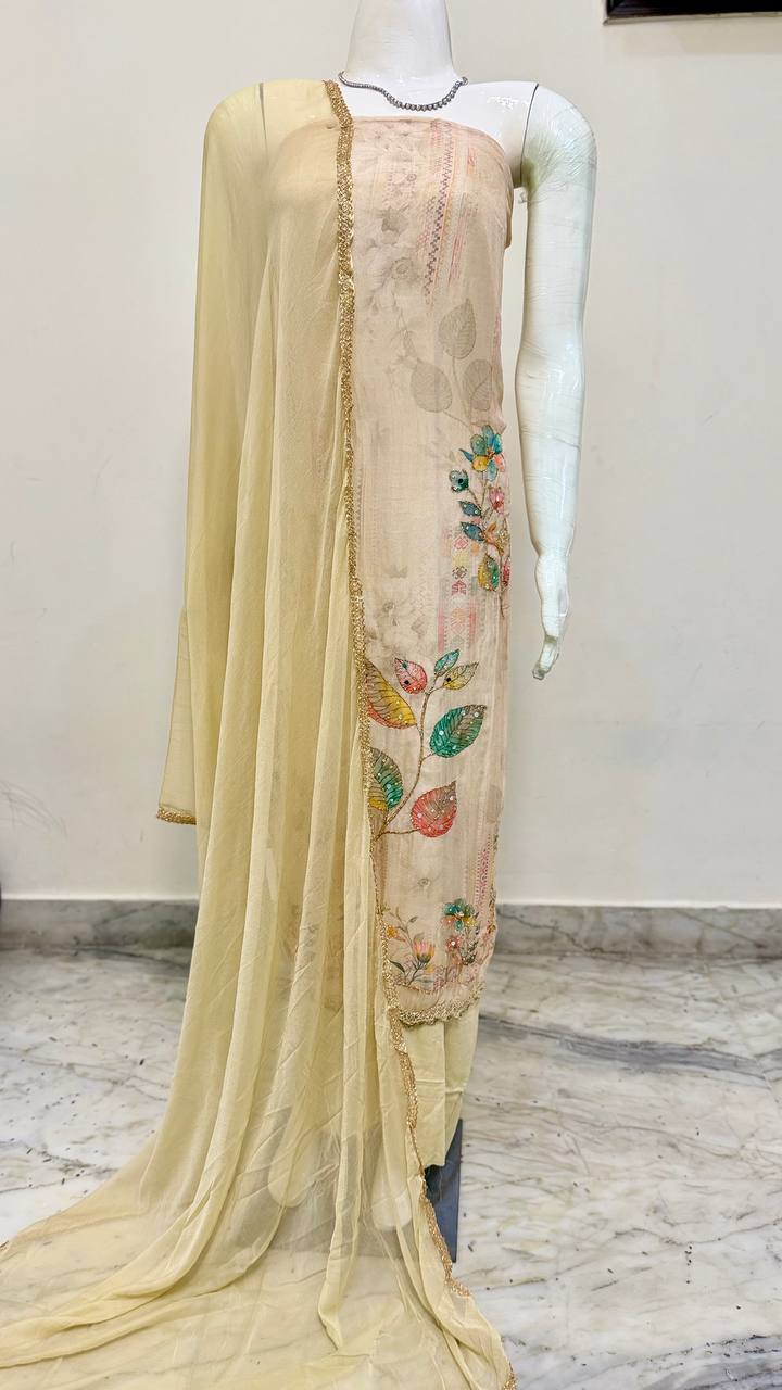 Beige Pure Georgette Embroidered Suit Set with Chiffon Dupatta