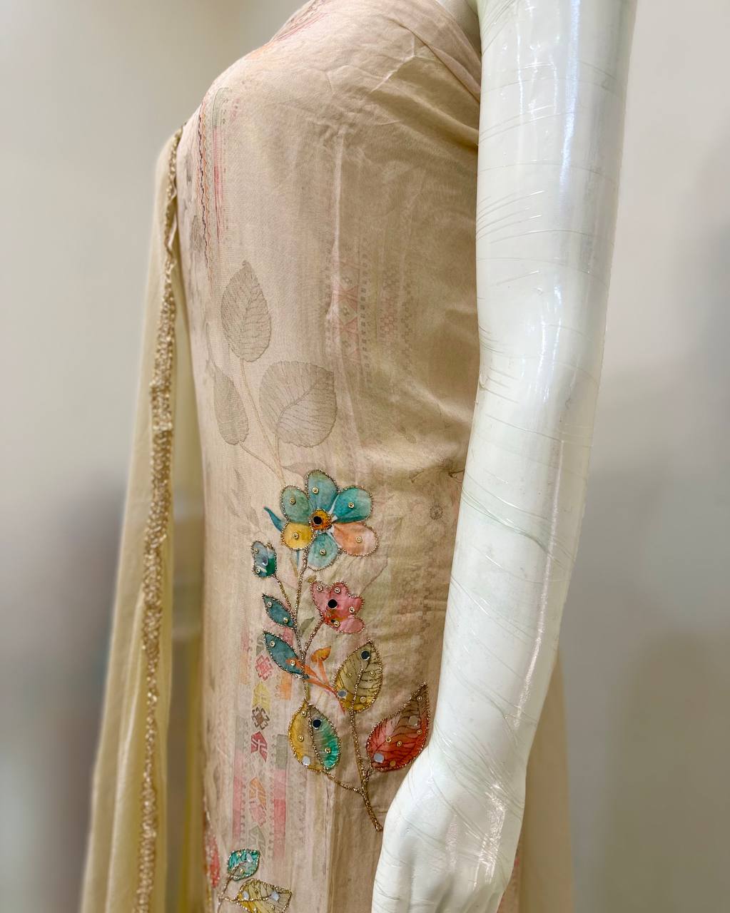 Beige Pure Georgette Embroidered Suit Set with Chiffon Dupatta