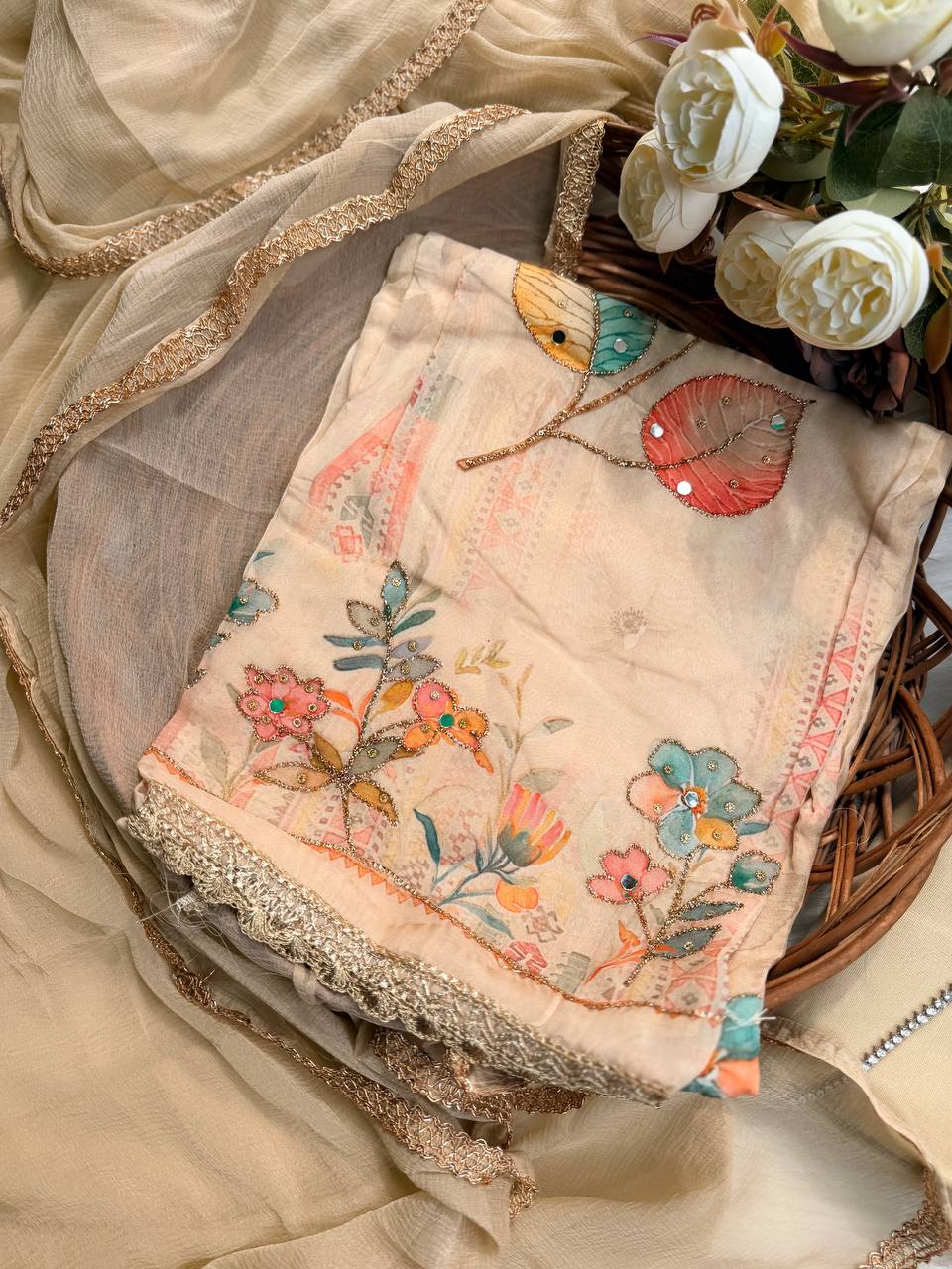 Beige Pure Georgette Embroidered Suit Set with Chiffon Dupatta