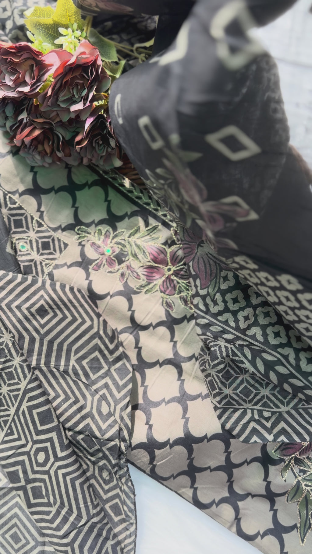 Black & Beige Geometric Printed Cotton Suit Set with Floral Embroidery