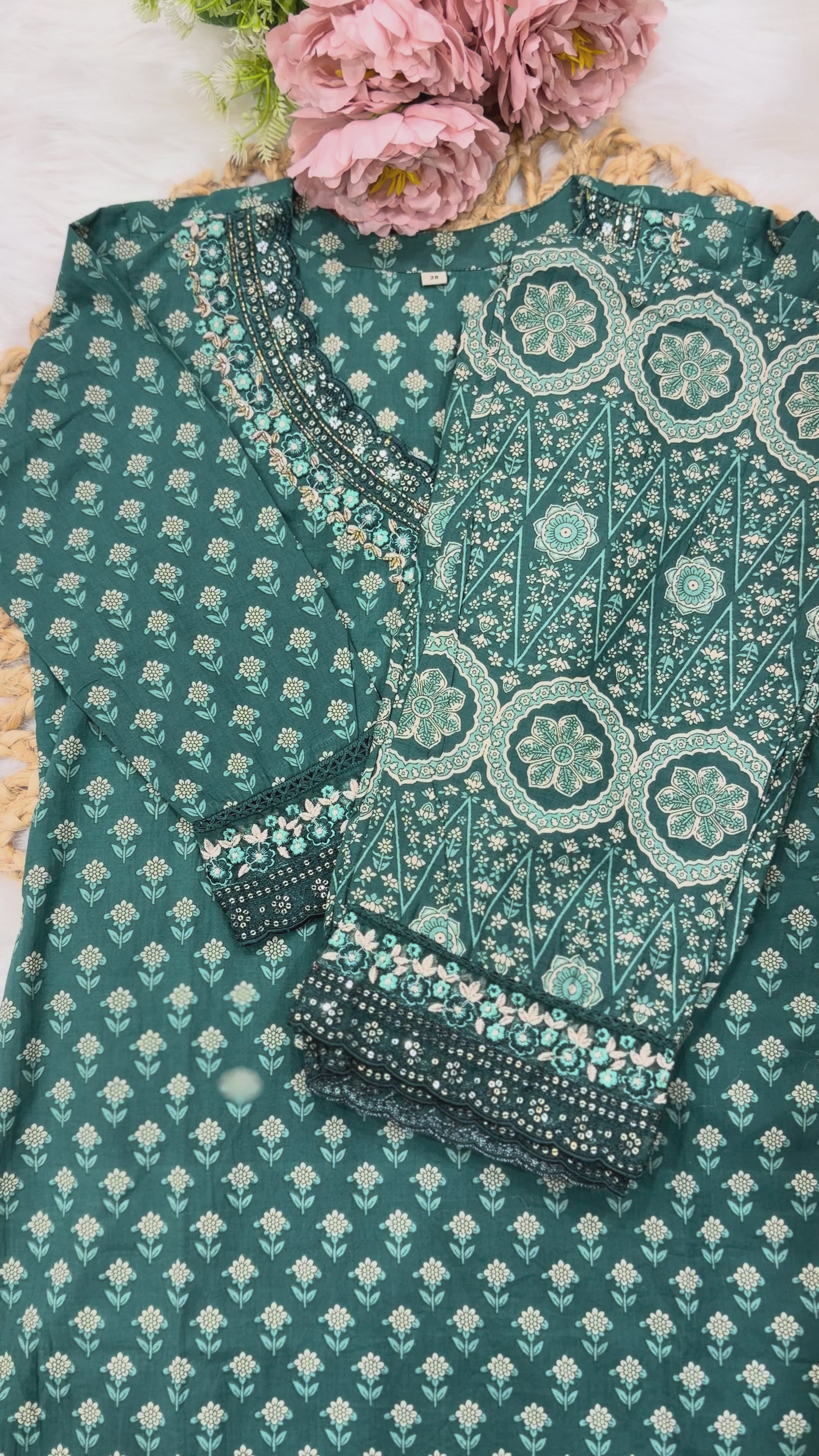 Elegant Soft Cotton Stitched Suit Set – Green Color Print