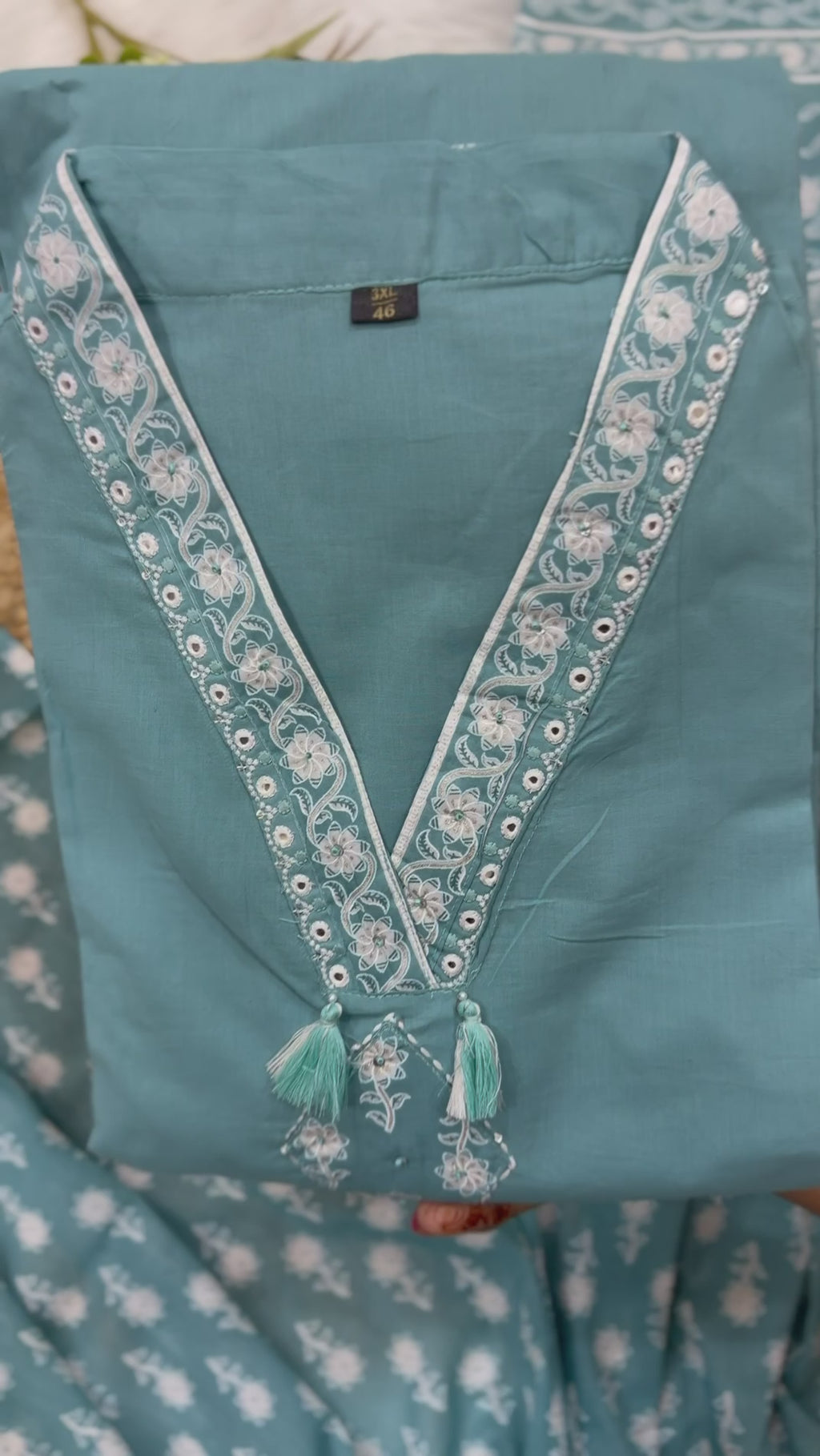 Sky Blue Handblock Printed Cotton Suit Set with Dupatta