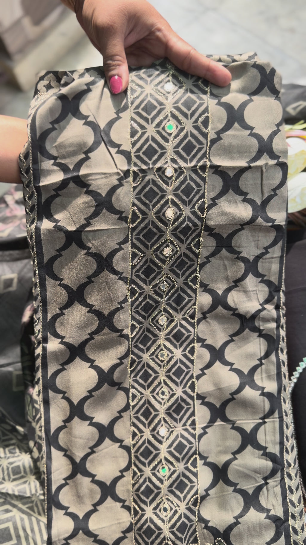 Black & Beige Geometric Printed Cotton Suit Set with Floral Embroidery