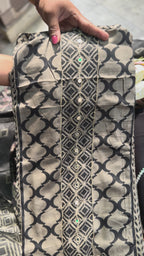 Black & Beige Geometric Printed Cotton Suit Set with Floral Embroidery