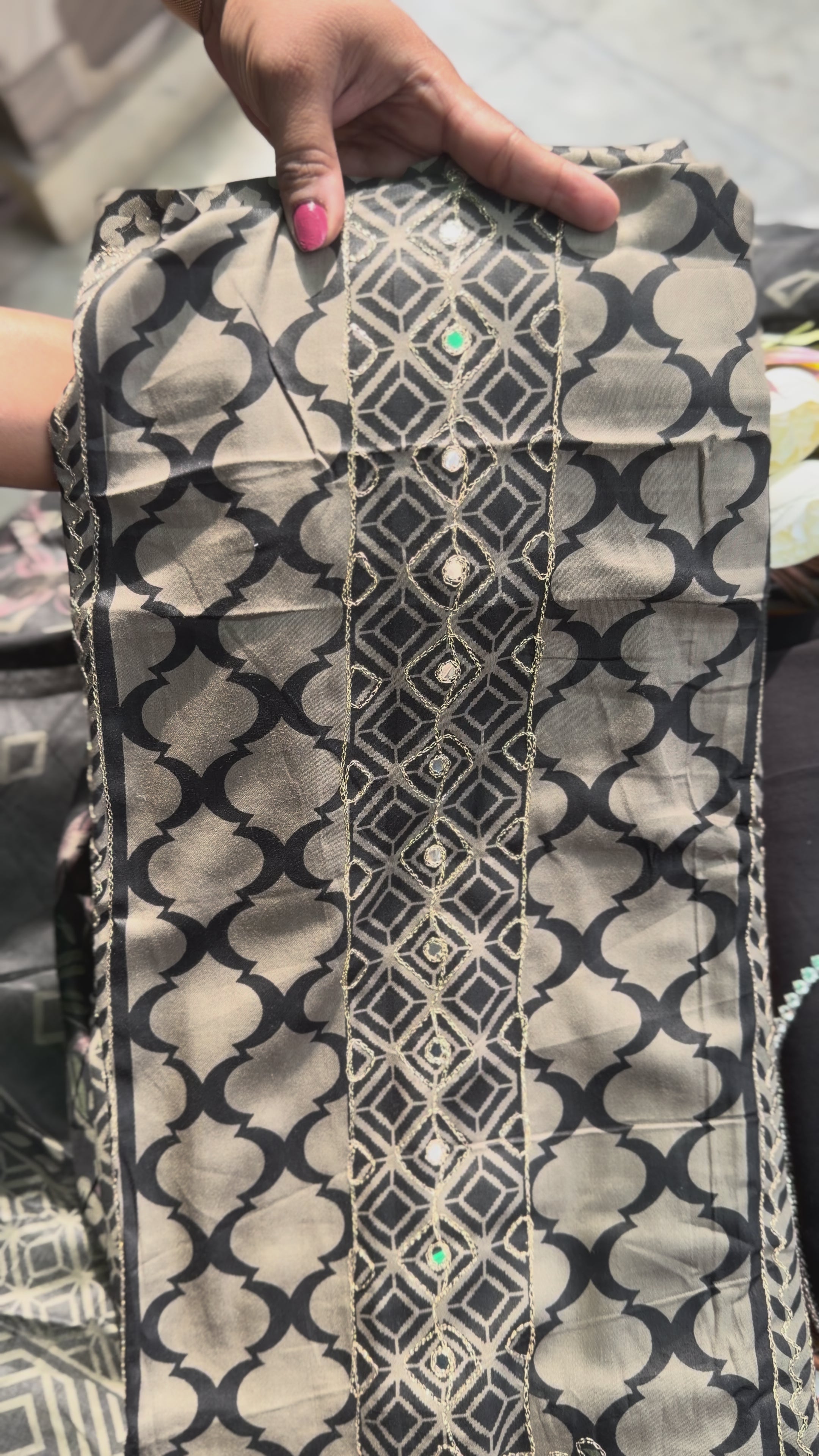 Black & Beige Geometric Printed Cotton Suit Set with Floral Embroidery
