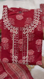 Rust Color Handblock Printed Cotton Suit Set with Dupatta