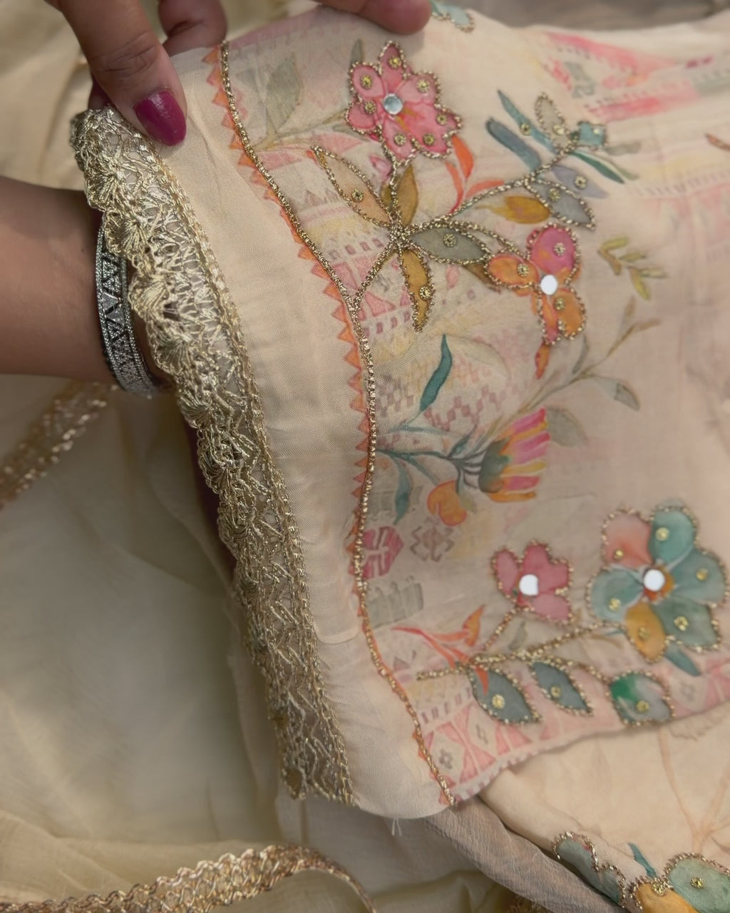 Beige Pure Georgette Embroidered Suit Set with Chiffon Dupatta