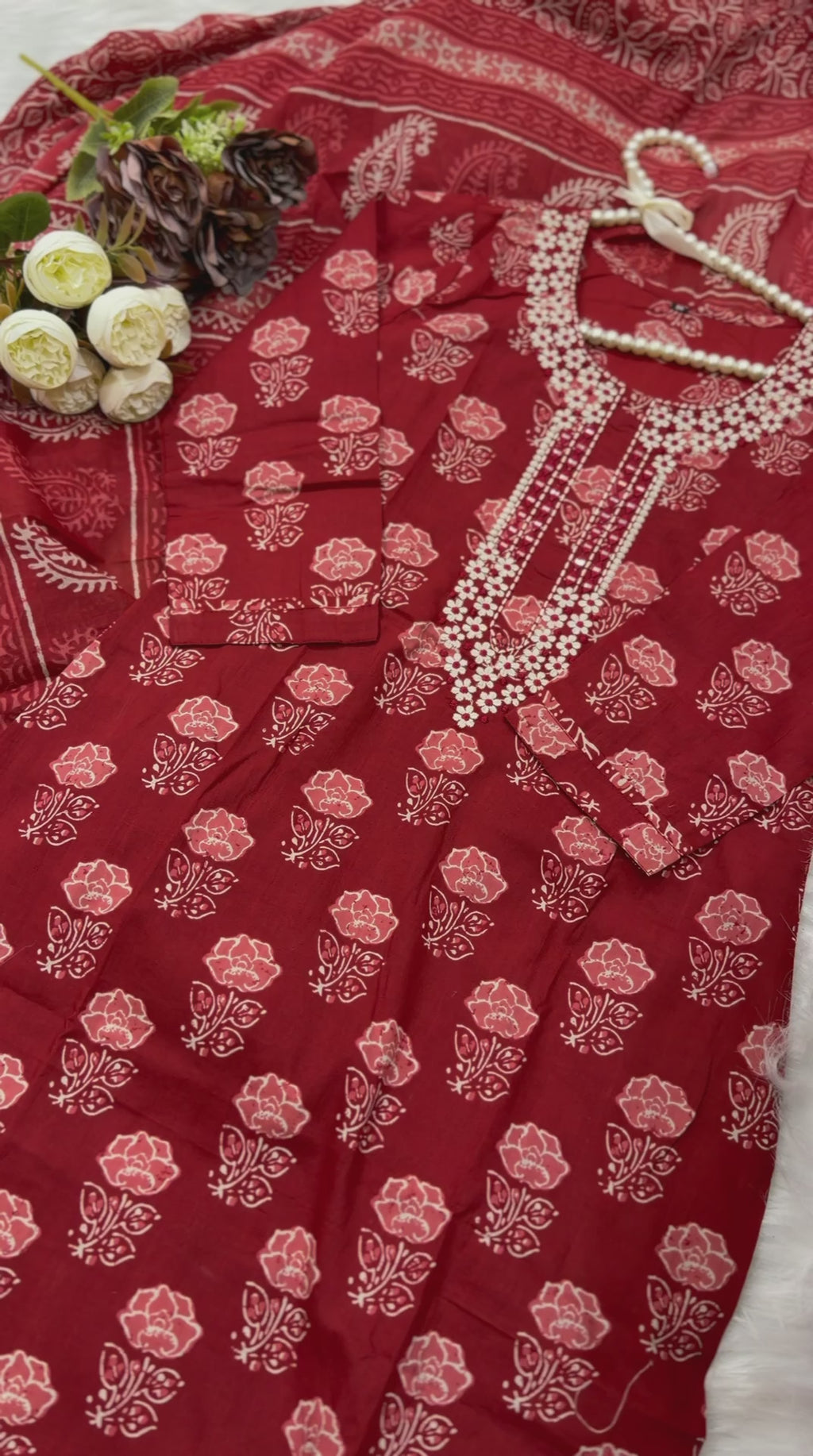 Rust Color Handblock Printed Cotton Suit Set with Dupatta