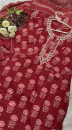 Rust Color Handblock Printed Cotton Suit Set with Dupatta