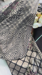 Black & Beige Geometric Printed Cotton Suit Set with Floral Embroidery