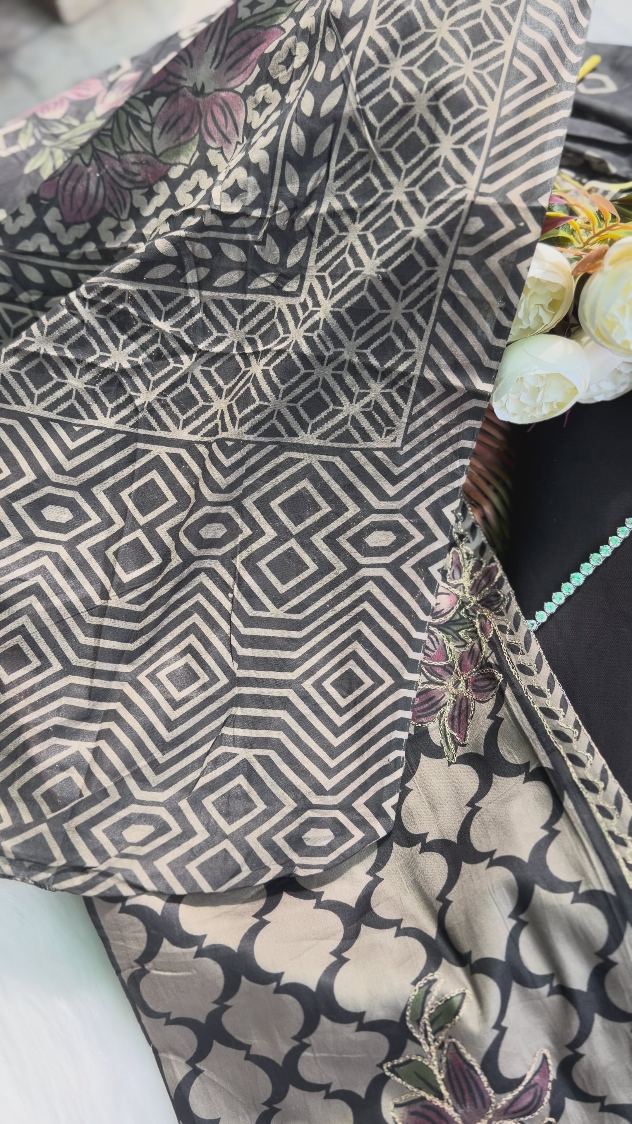 Black & Beige Geometric Printed Cotton Suit Set with Floral Embroidery