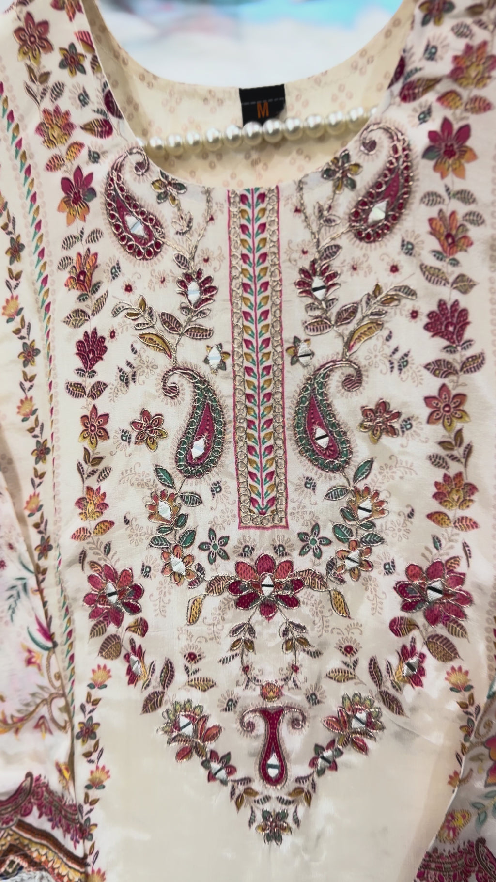 Graceful Cream Crêpe Stitched Suit Set – Floral Paisley Print