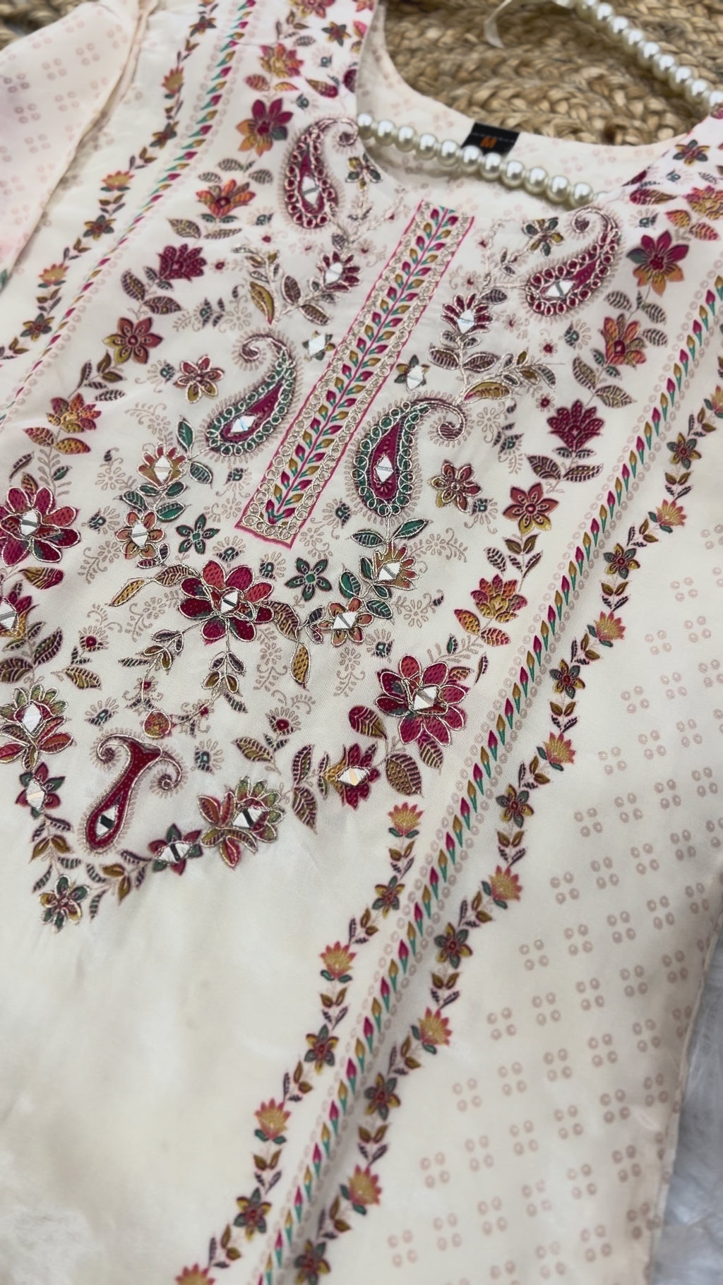 Graceful Cream Crêpe Stitched Suit Set – Floral Paisley Print