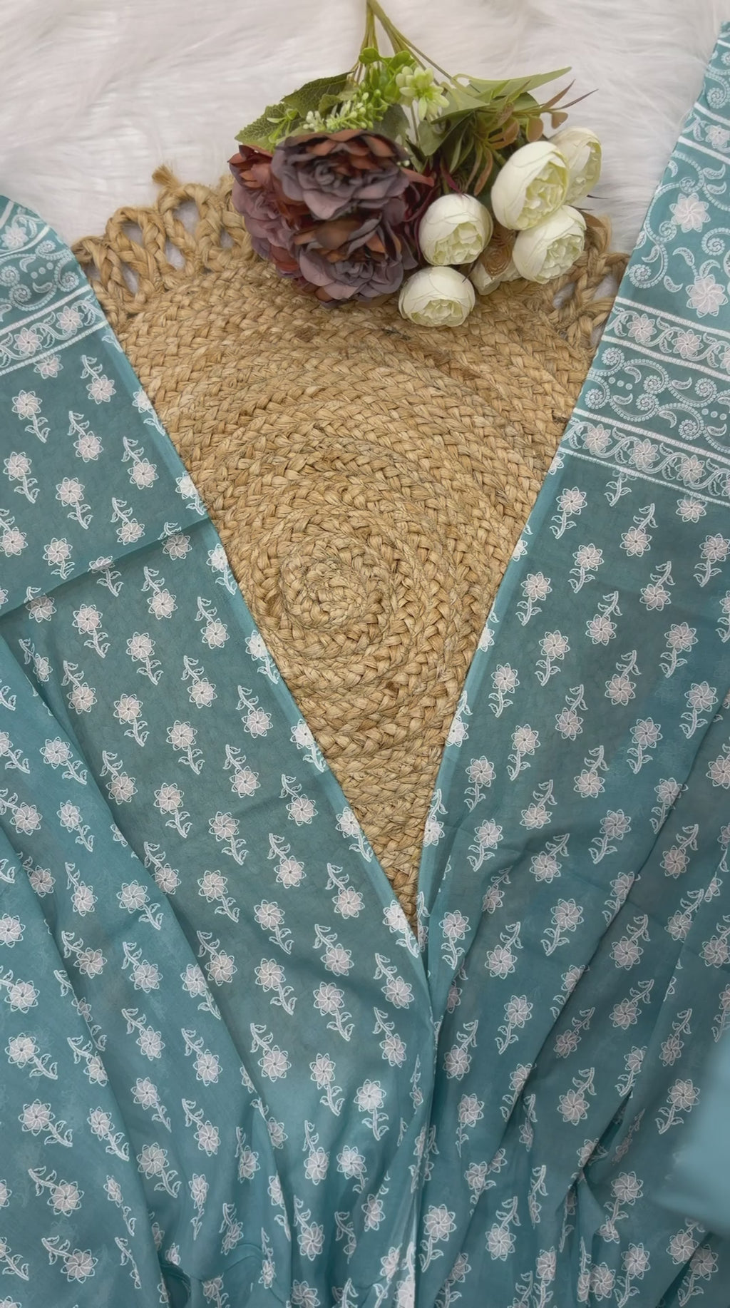 Sky Blue Handblock Printed Cotton Suit Set with Dupatta